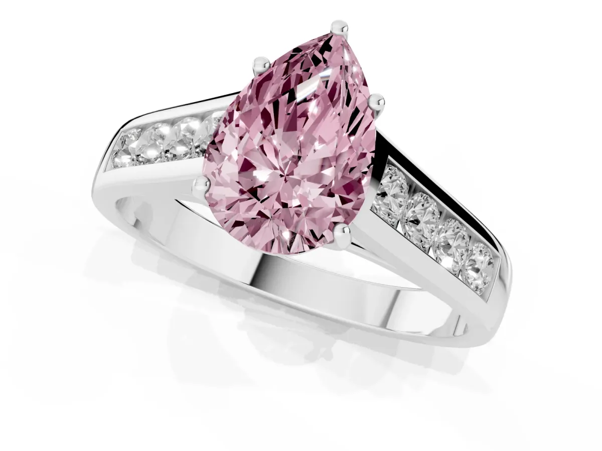 Fancy Pink Pear Cut Solitaire Channel-Set Diamond Engagement Ring with Four-Prong Setting Silver