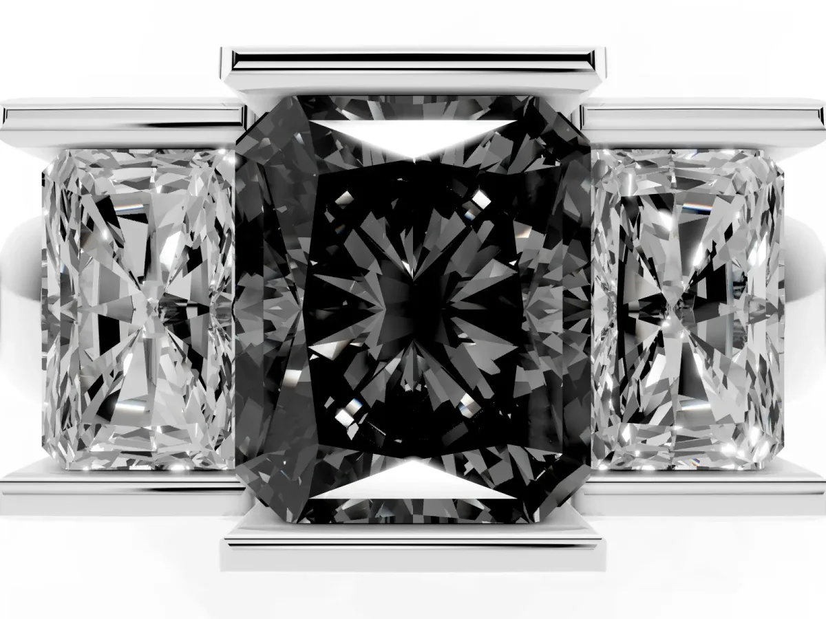 Fancy Black Three Stone Radiant Cut Cut Channel Set Diamond Ring Silver