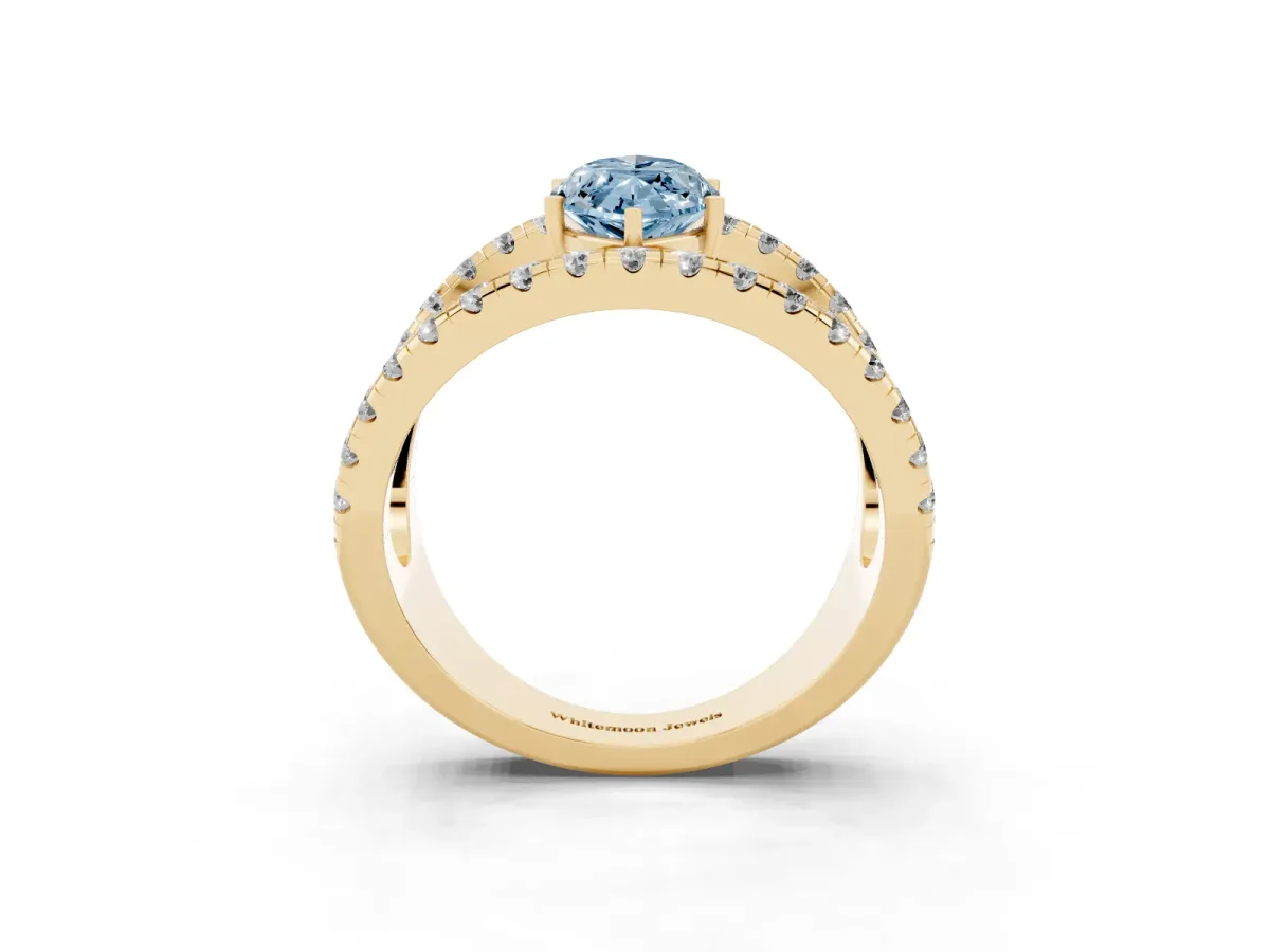 Fancy Blue Marquise Cut Solitaire Split Shank Pave Diamond Ring Yellow gold