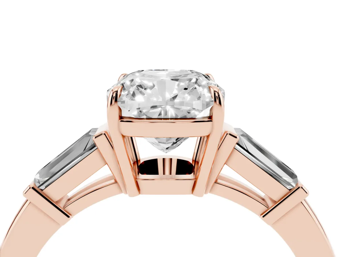 Cushion Cut Diamond Three-Stone Ring with Tapered Baguette Side Stones and Prong Setting Rose gold