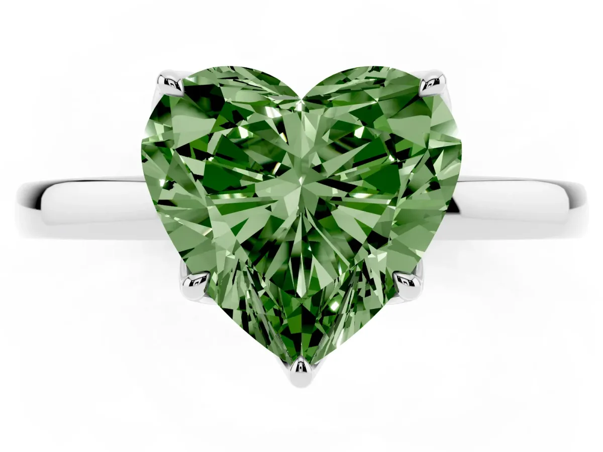 Fancy Green Heart Cut Diamond Solitaire Ring with Thin Band and Prong Setting White gold