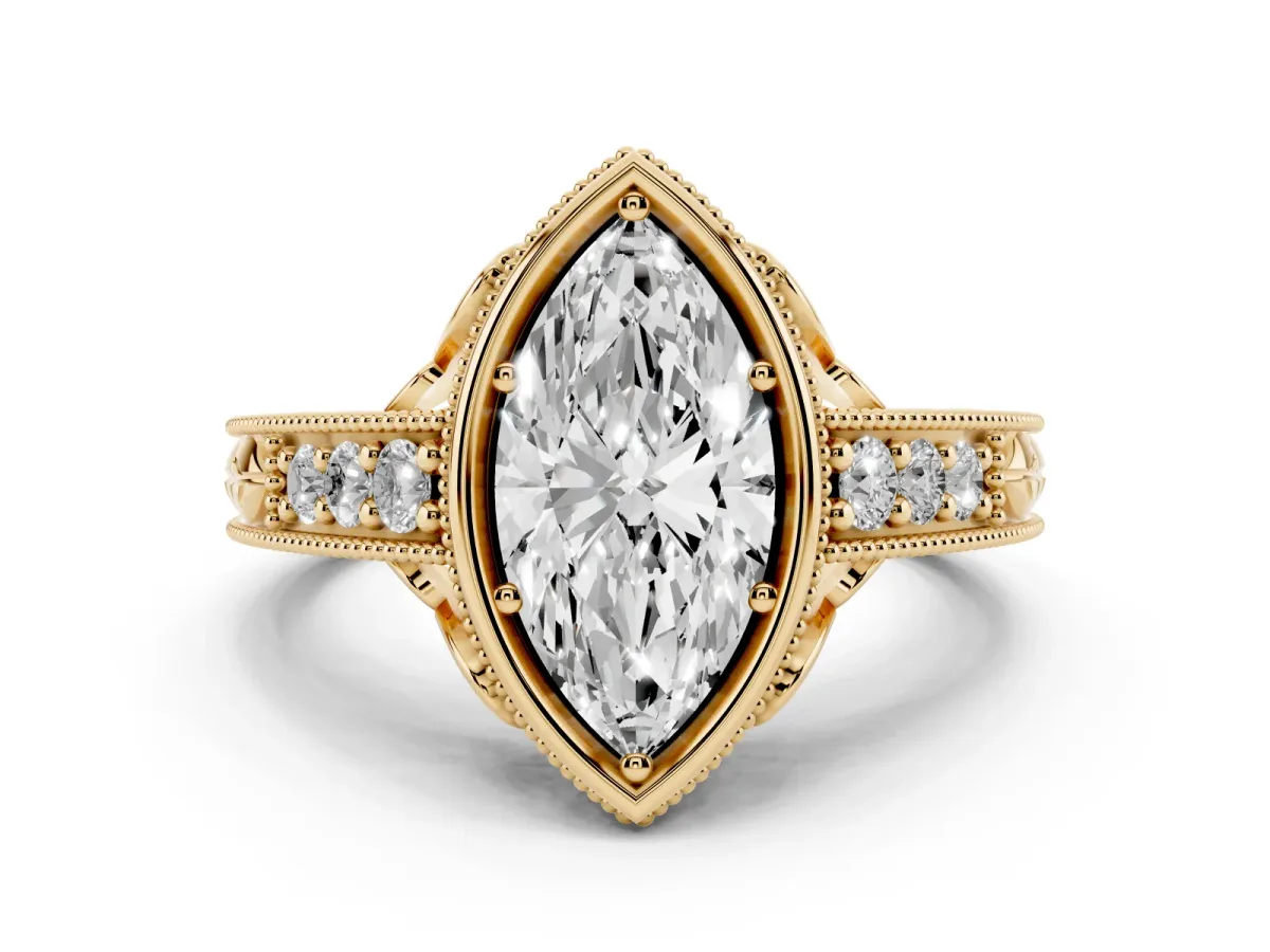 Bezel Set Marquise Cut Diamond Milgrain Pave Engagement Ring Yellow gold