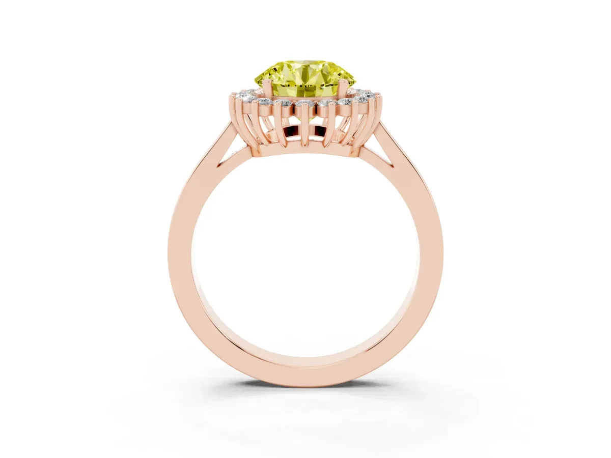 Fancy Yellow Round Cut Cut Diamond Halo Ring with Round Brilliant Halo and Solitaire Band Rose gold