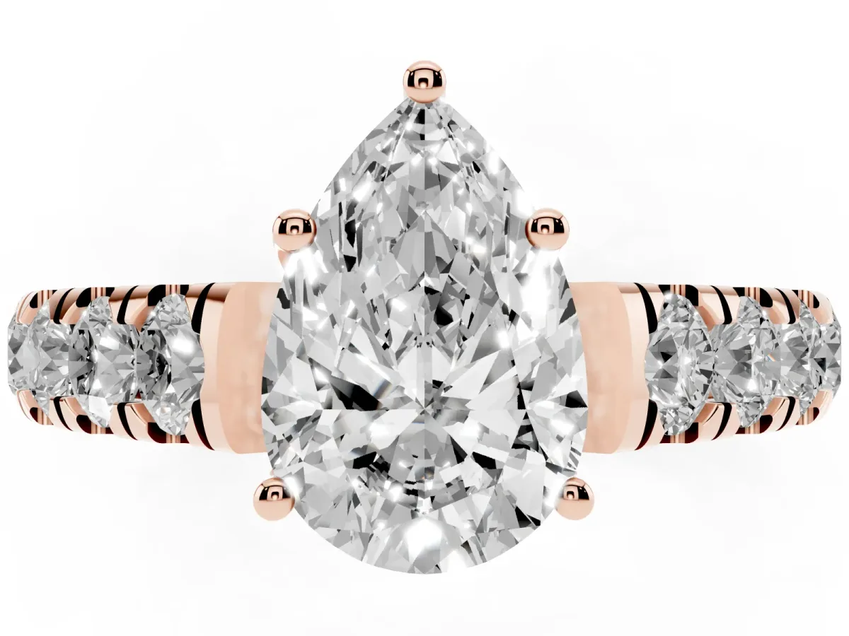 Pear Cut Cut Diamond Solitaire Ring with Micro Pave Band and Prong Setting Rose gold