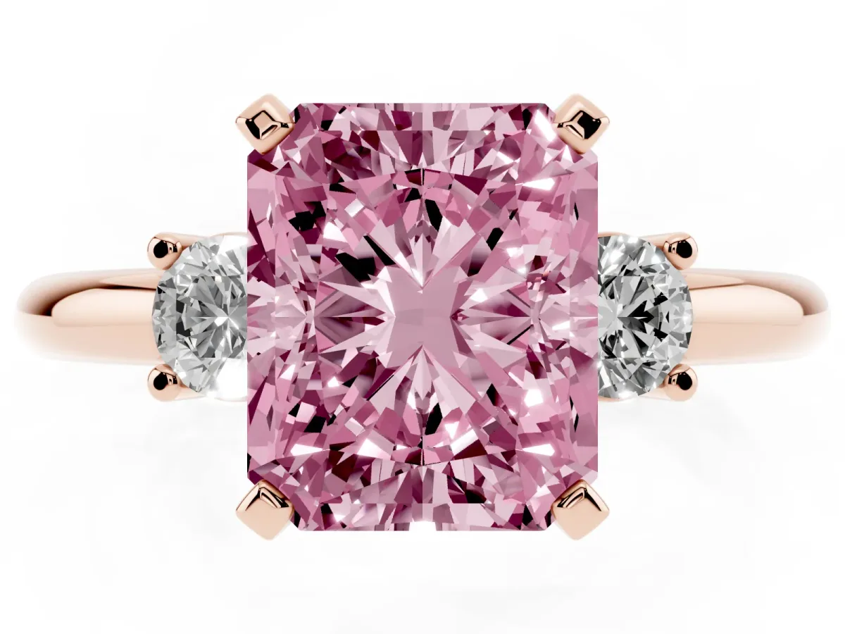 Fancy Pink Three-Stone Radiant Cut Cut Diamond Solitaire with Prong Setting and Classic Band Rose gold
