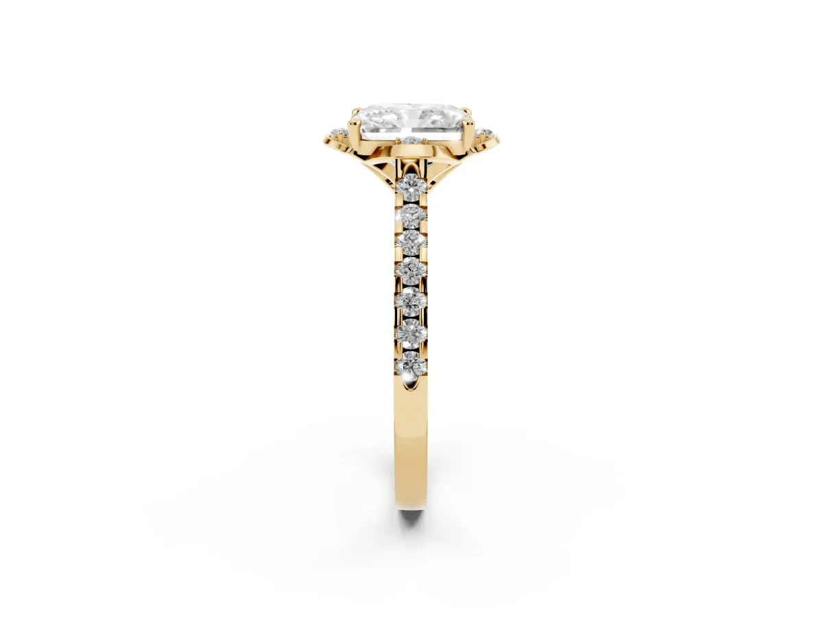 Radiant Cut Diamond Ring with Pavé Band and Floral Prong Setting Yellow gold