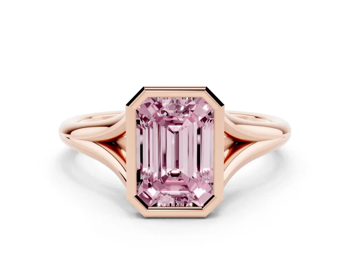 Fancy Pink Bezel Set Emerald Cut Cut Solitaire Ring with Tapered Band Rose gold