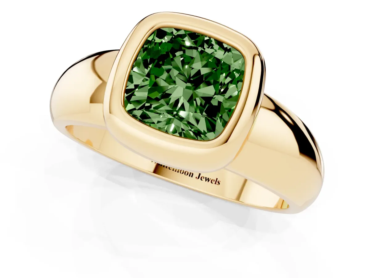 Fancy Green Bezel Set Cushion Cut Solitaire Ring with Wide Band Yellow gold