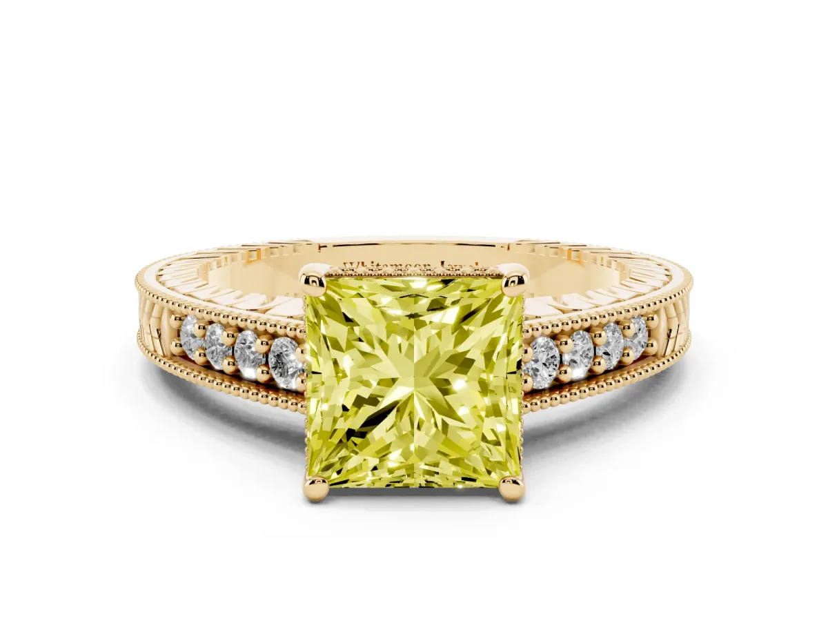 Fancy Yellow Princess Cut Solitaire Pavé Diamond Milgrain Engagement Ring with Four-Prong Setting Yellow gold