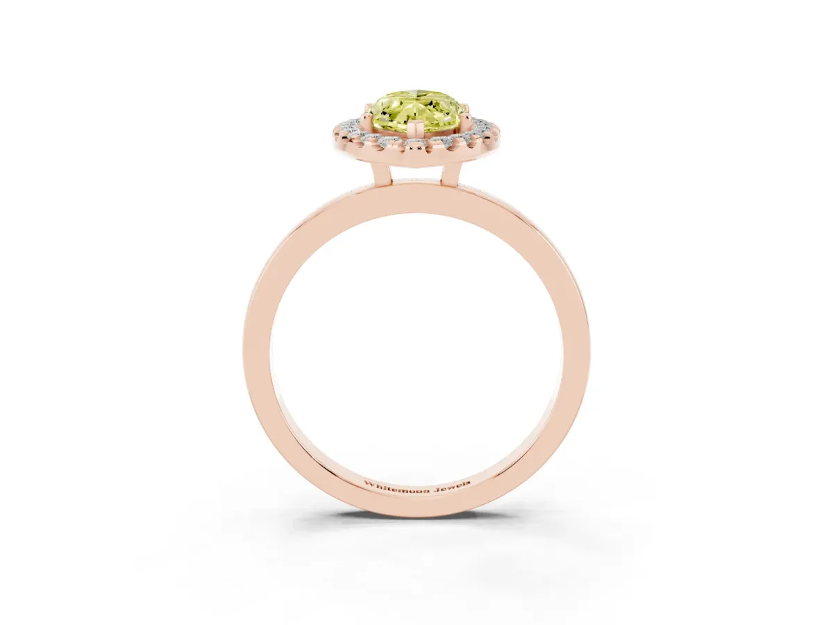 Fancy Yellow Marquise Cut Halo Diamond Solitaire with Pavé Band and Four-Prong Setting Rose gold