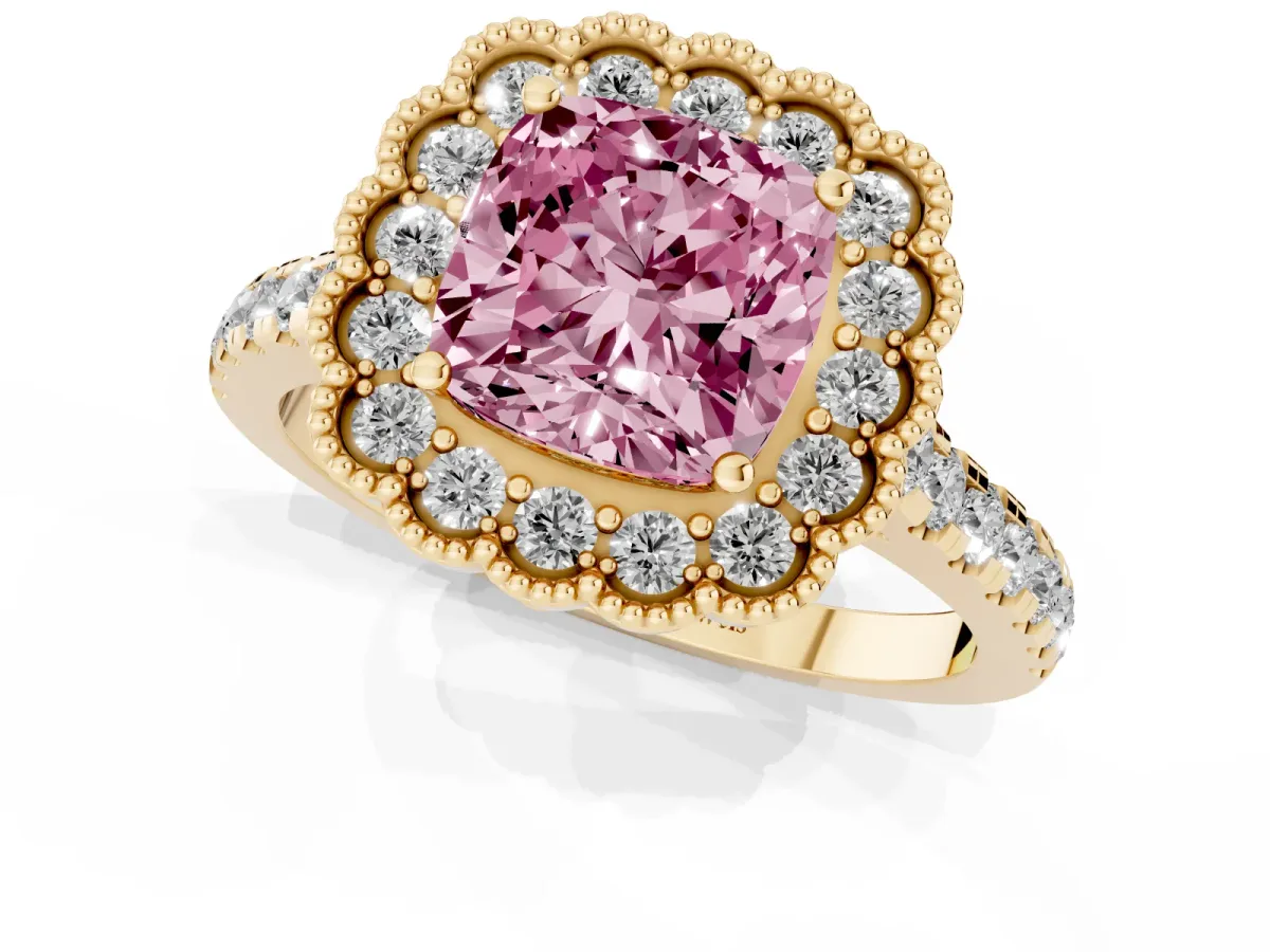 Fancy Pink Cushion Cut Cut Diamond Milgrain Floral Halo Engagement Ring with Pavé Band Yellow gold