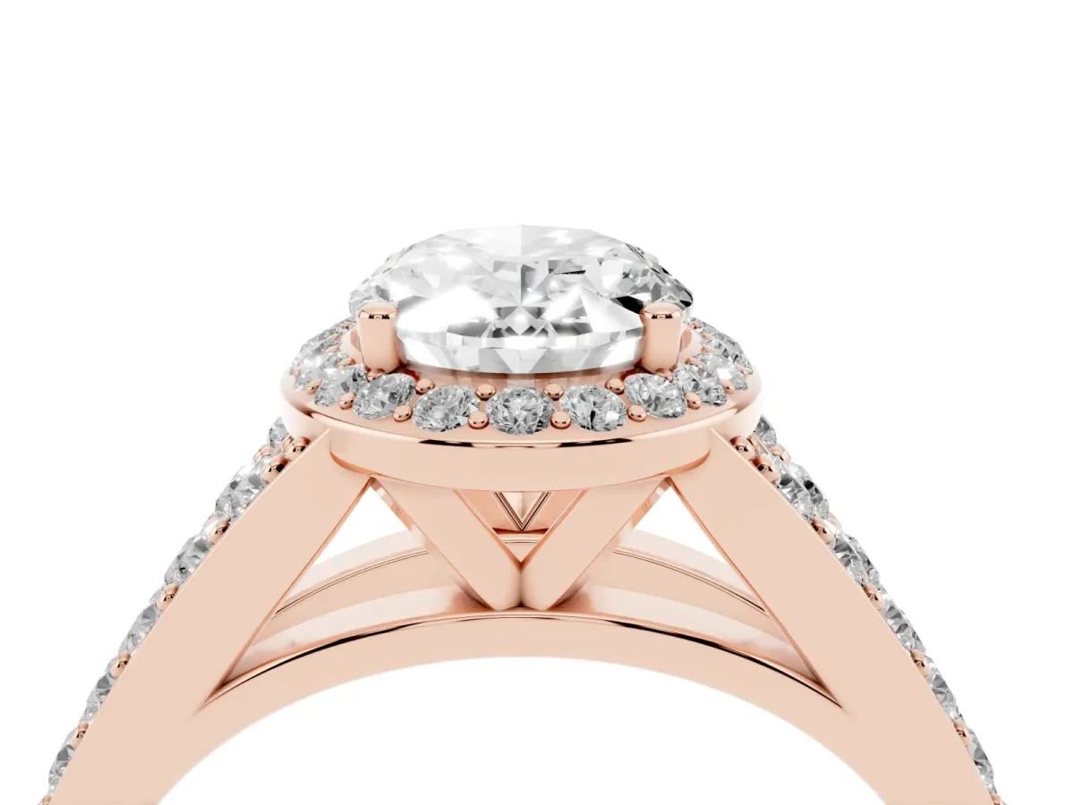 Oval Cut Diamond Split Shank Halo Ring with Four-Prong Setting Rose gold