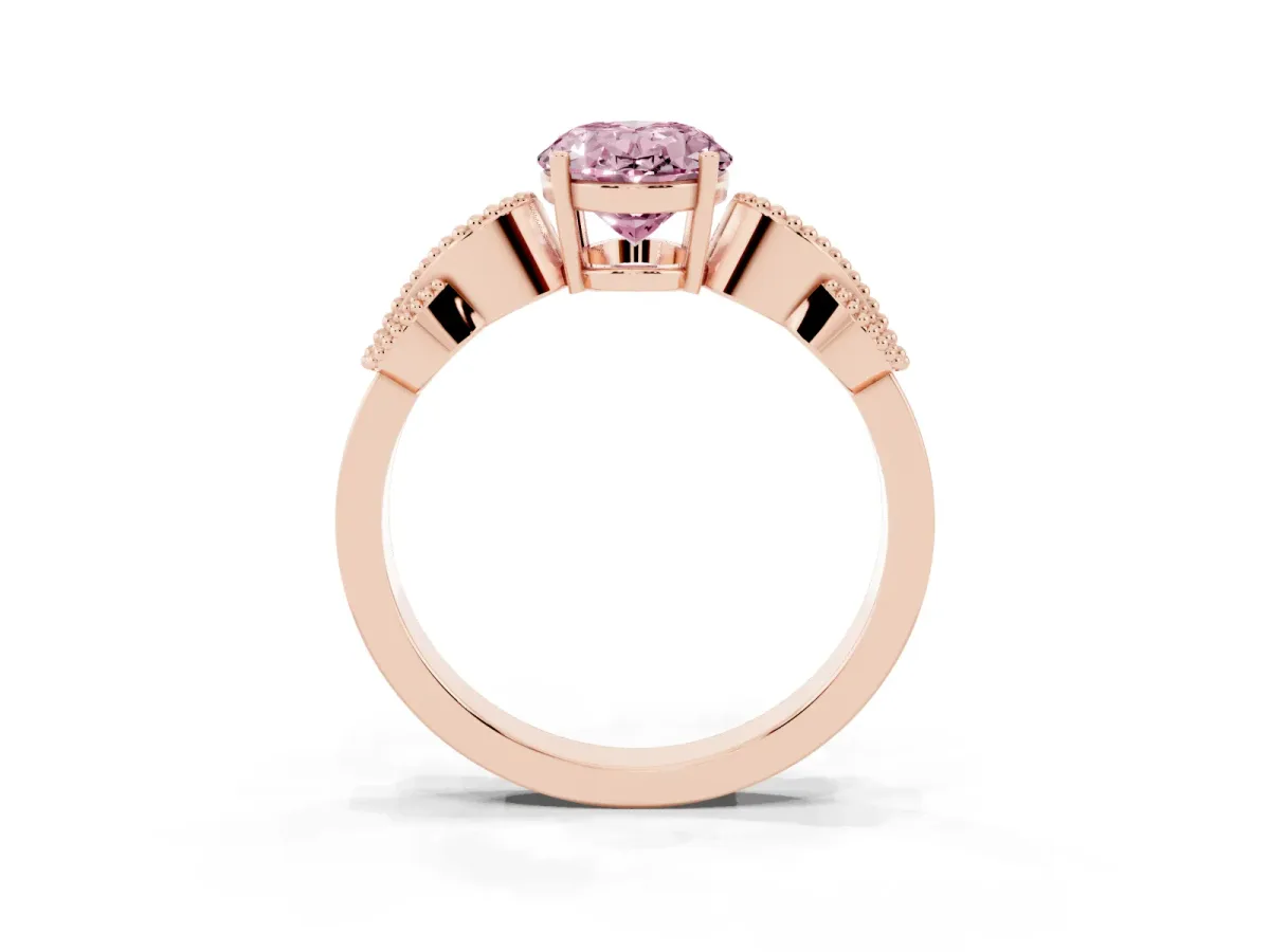 Fancy Pink Oval Cut Solitaire Milgrain Leaf Band with Prong Setting Rose gold