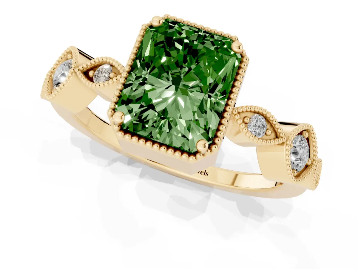 Fancy Green Radiant Cut Diamond Vintage Milgrain Ring with Round Stations Yellow gold