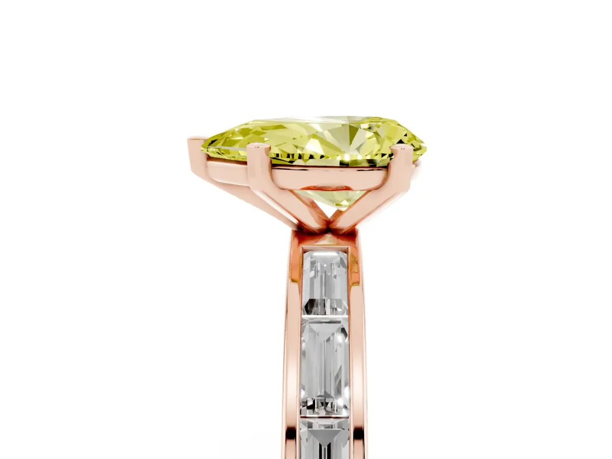 Fancy Yellow Pear Cut Solitaire Diamond Ring with Channel-Set Baguette Band and Four-Prong Setting Rose gold