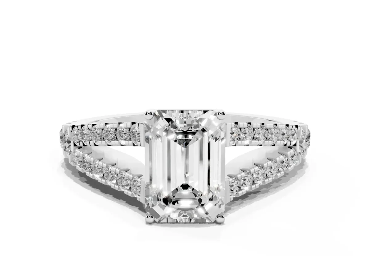 Emerald Cut Diamond Split Shank Pavé Engagement Ring with Four-Prong Setting White gold