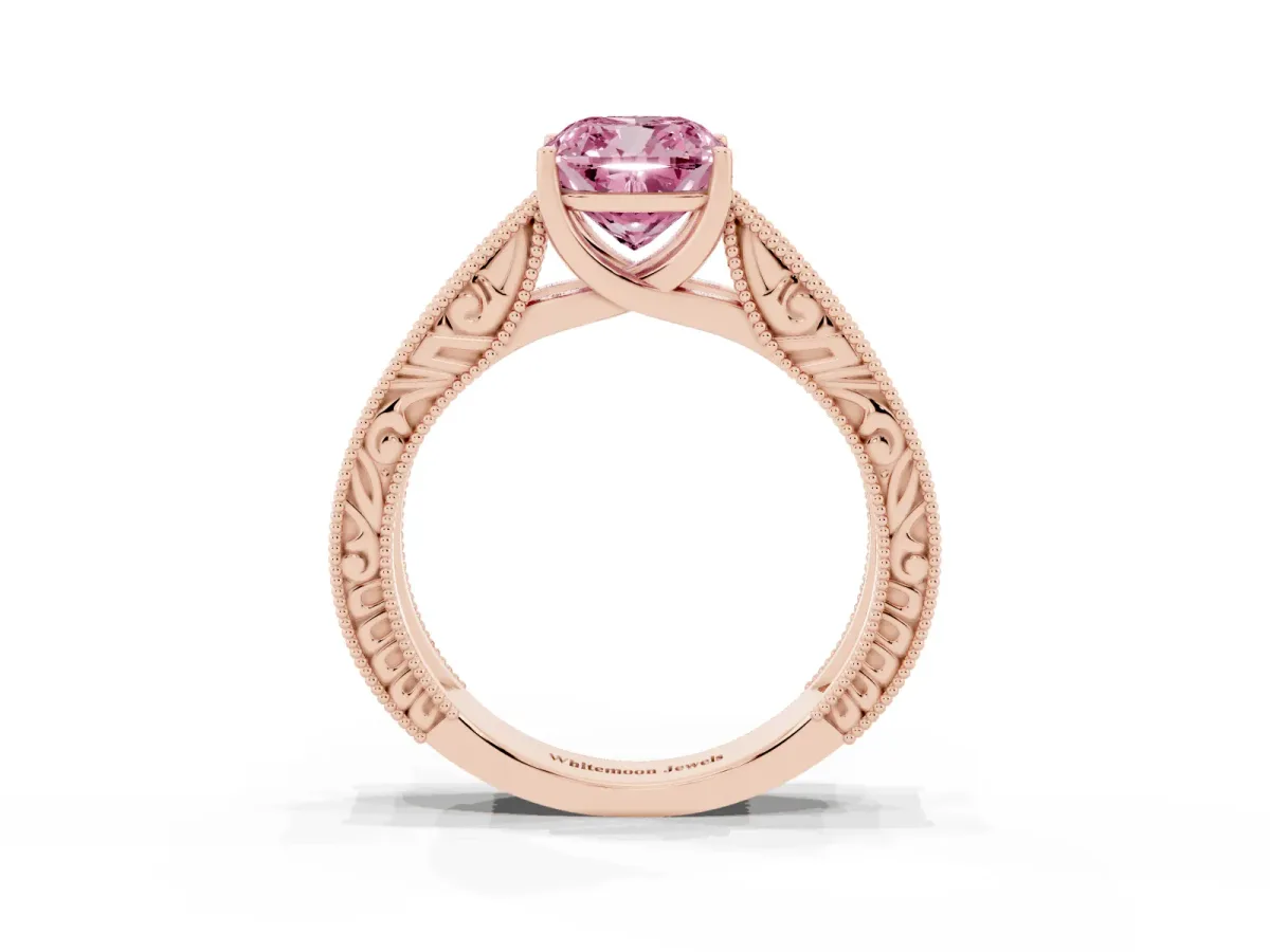 Fancy Pink Cushion Cut Diamond Solitaire Ring with Engraved Band and Four-Prong Setting Rose gold