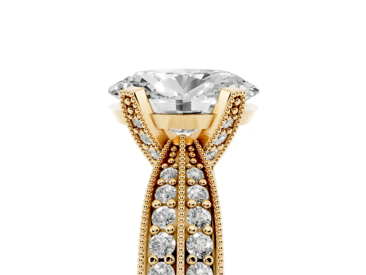 Oval Cut Diamond Solitaire Ring with Milgrain Round Pavé Band and Prong Setting Yellow gold