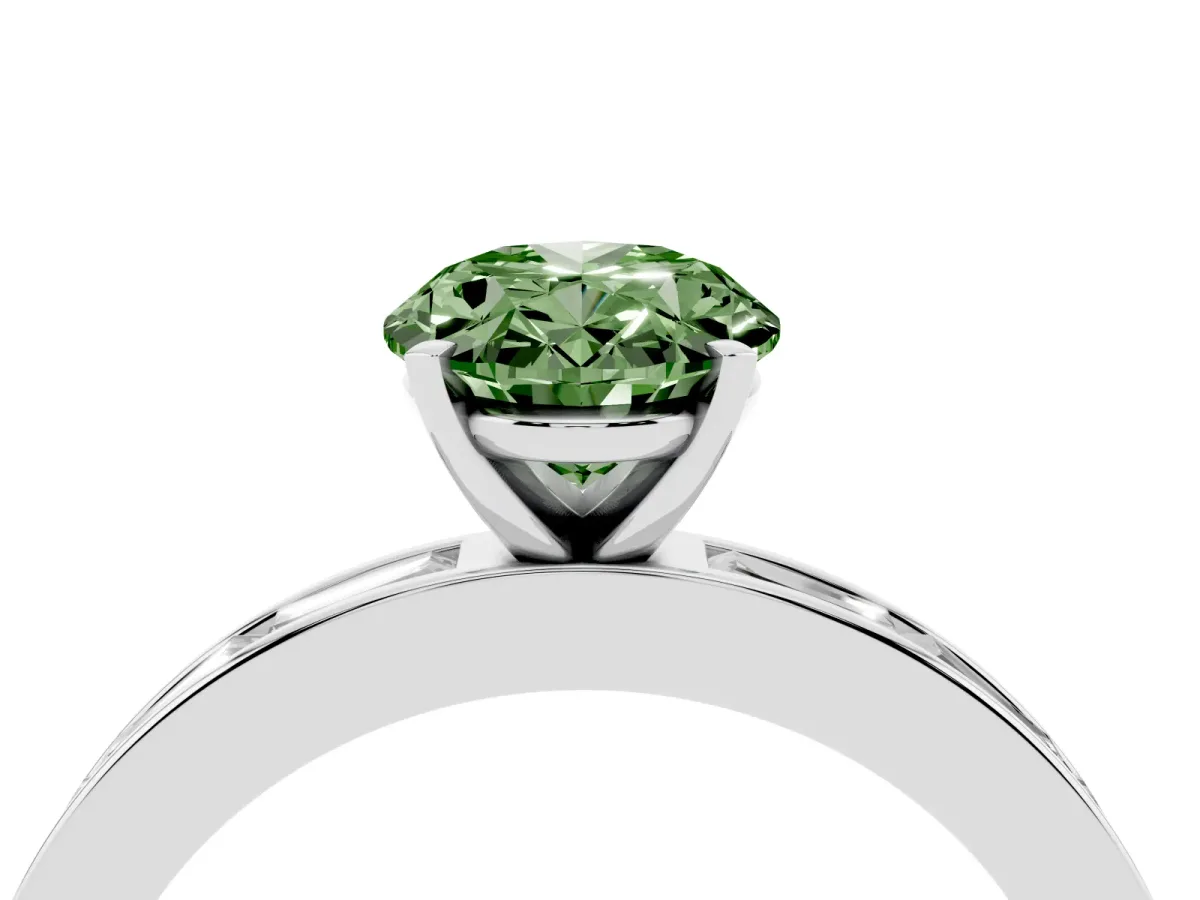 Fancy Green Oval Cut Solitaire Diamond Ring with Channel-Set Baguette Band and Four-Prong Setting White gold