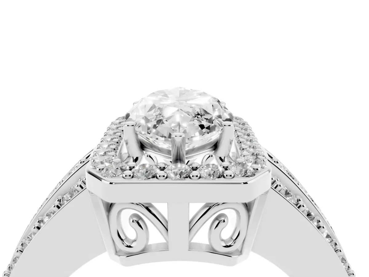 Marquise Cut Halo Diamond Ring with Round Split Shank and Prong Setting Silver