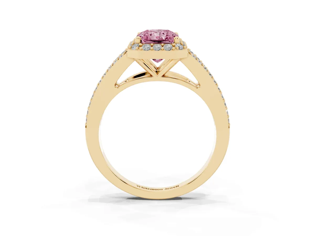 Fancy Pink Radiant Cut Halo Split Shank Diamond Ring with Prong Setting Yellow gold
