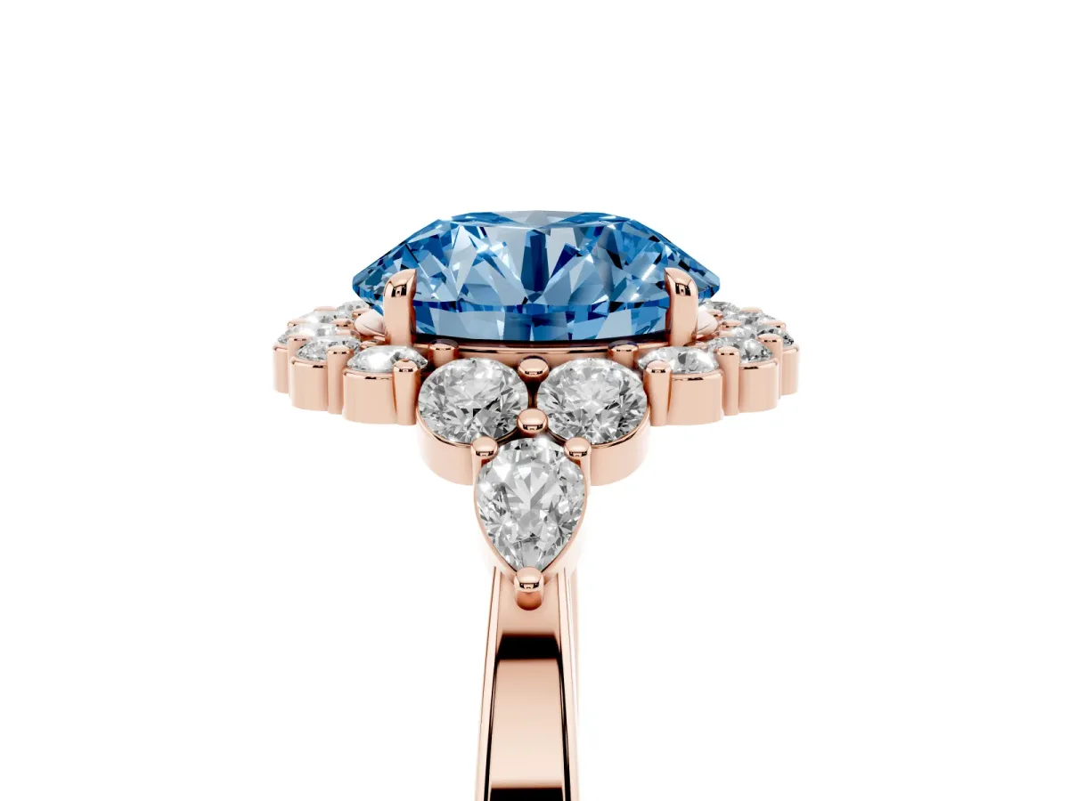Fancy Blue Round Cut Diamond Halo Ring with Pear Side Stones and Prong Setting Rose gold