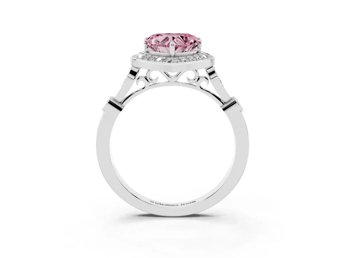 Fancy Pink Heart Cut Halo Diamond Engagement Ring with Twisted Band and Four-Prong Setting White gold