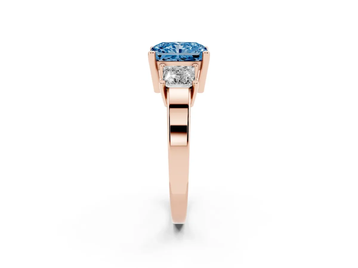 Fancy Blue Three-Stone Radiant Cut Cut Solitaire Ring with Prong Setting Rose gold