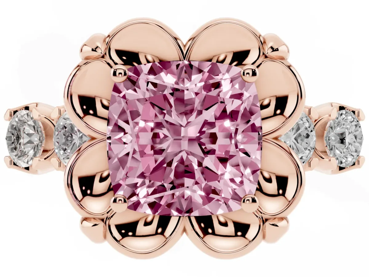 Fancy Pink Cushion Cut Cut Diamond Floral Halo Engagement Ring with Shared Prong Setting Rose gold