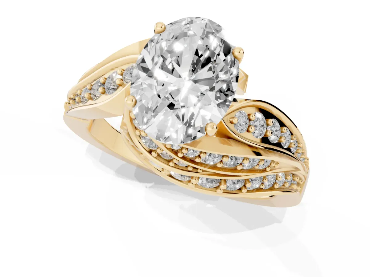 Oval Cut Diamond Solitaire Ring with Prong Setting and Twisted Pavé Band Yellow gold