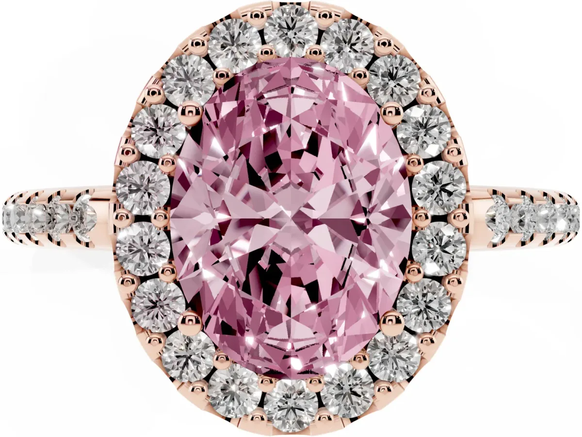 Fancy Pink Oval Cut Diamond Pavé Halo Ring with Four-Prong Setting Rose gold
