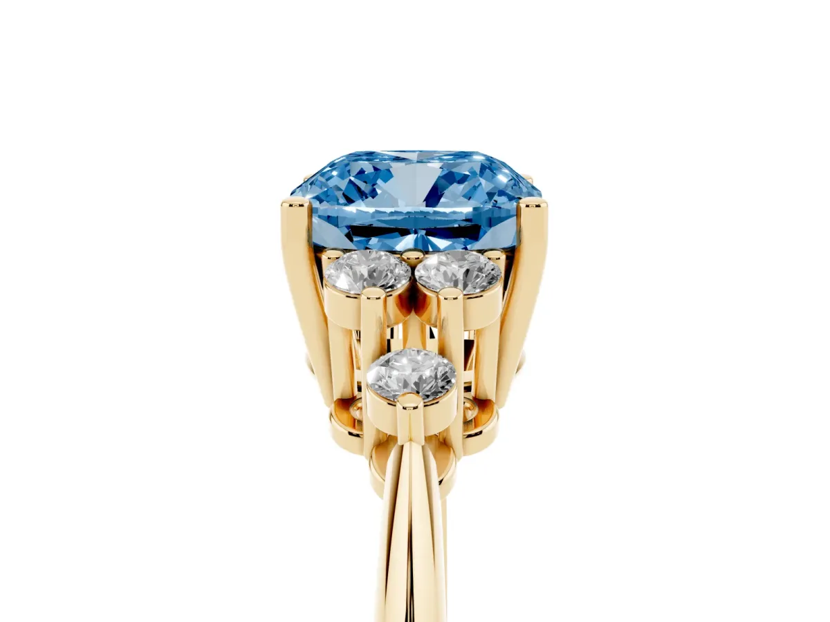 Fancy Blue Cushion Cut Cut Diamond Cluster Ring with Solitaire Band and Four-Prong Setting Yellow gold