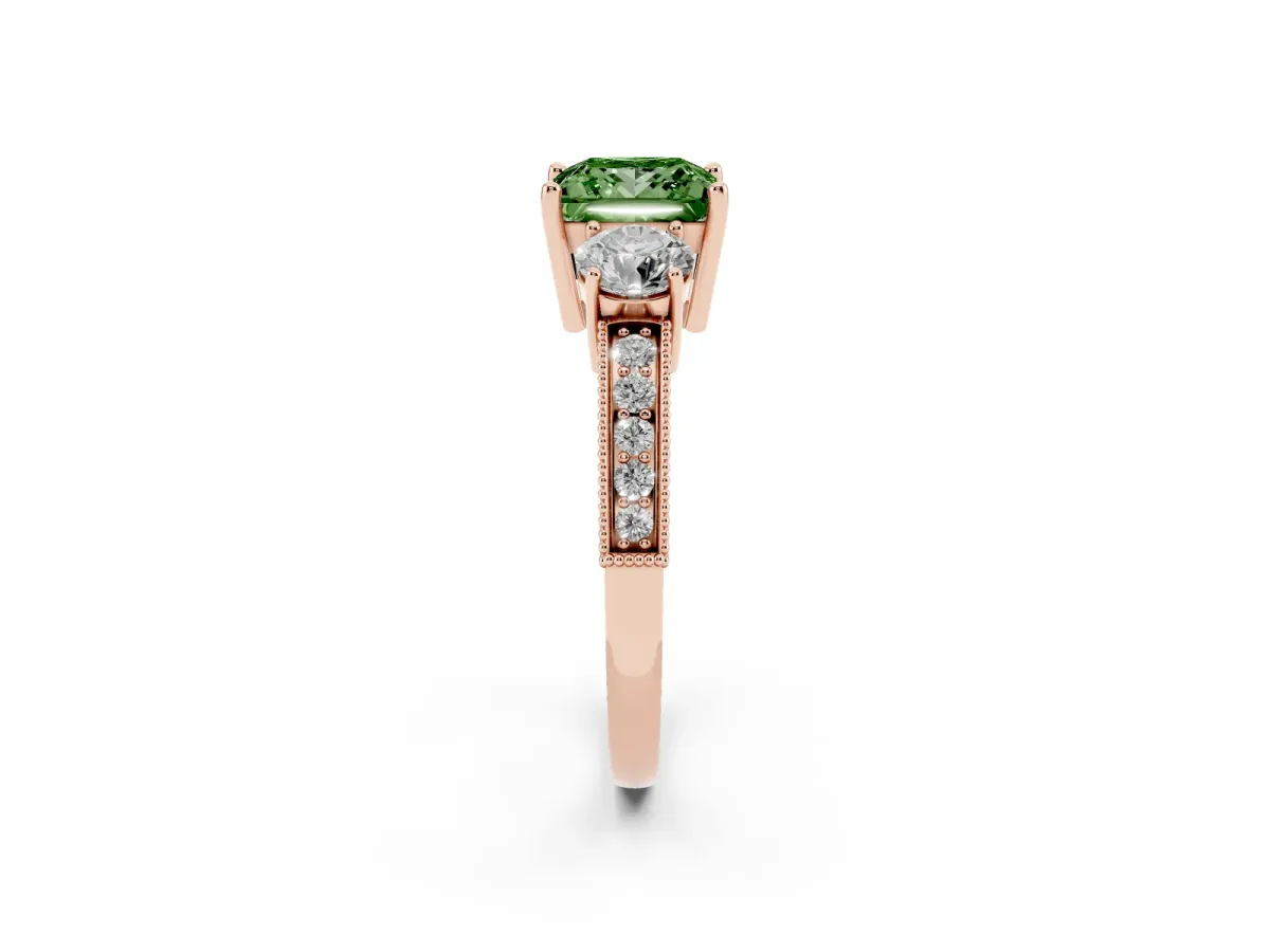 Fancy Green Princess Cut Three-Stone Diamond Ring with Pavé Band and Four-Prong Setting Rose gold