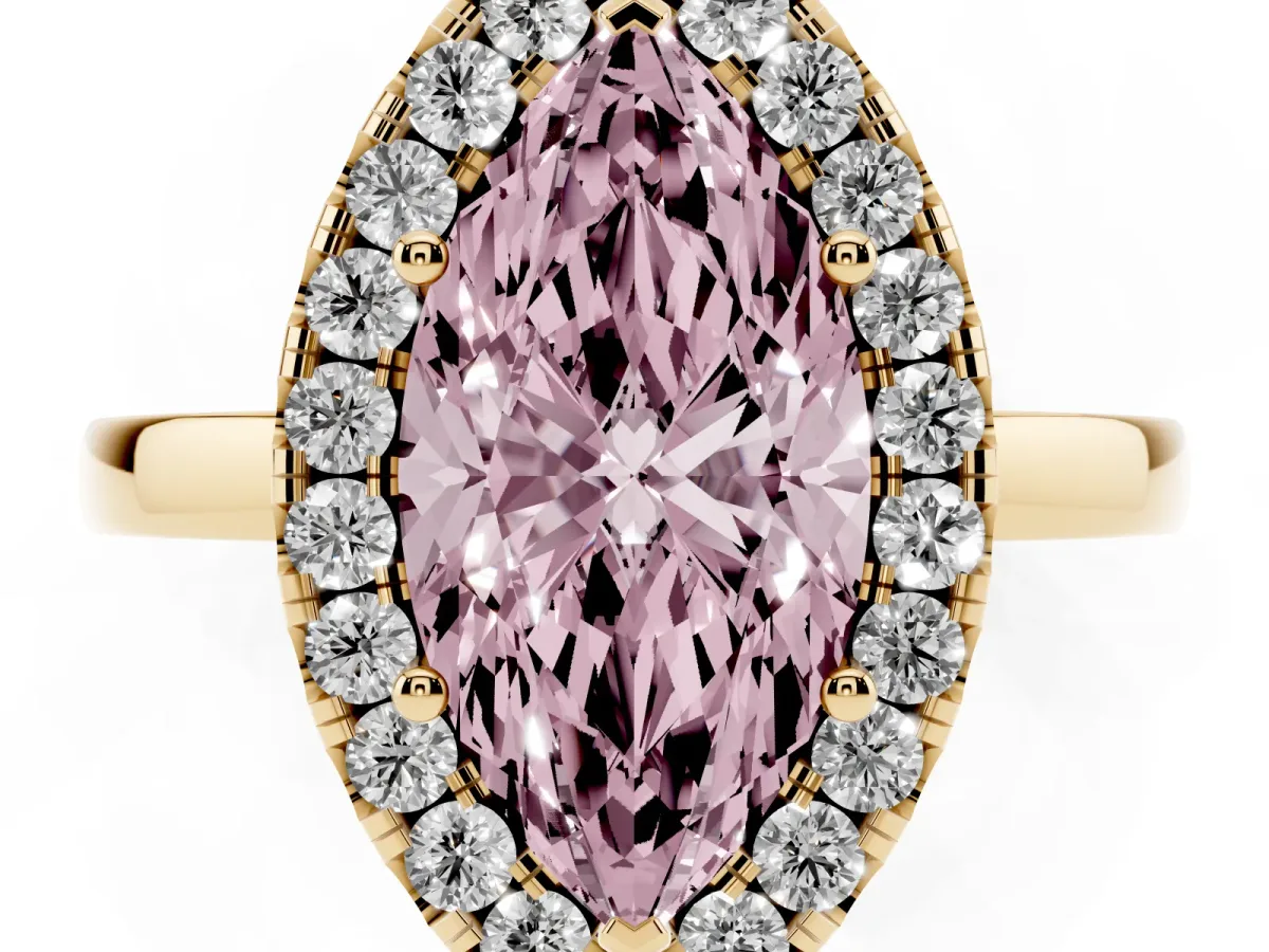 Fancy Pink Marquise Cut Halo Diamond Solitaire with Pavé Band and Four-Prong Setting Yellow gold