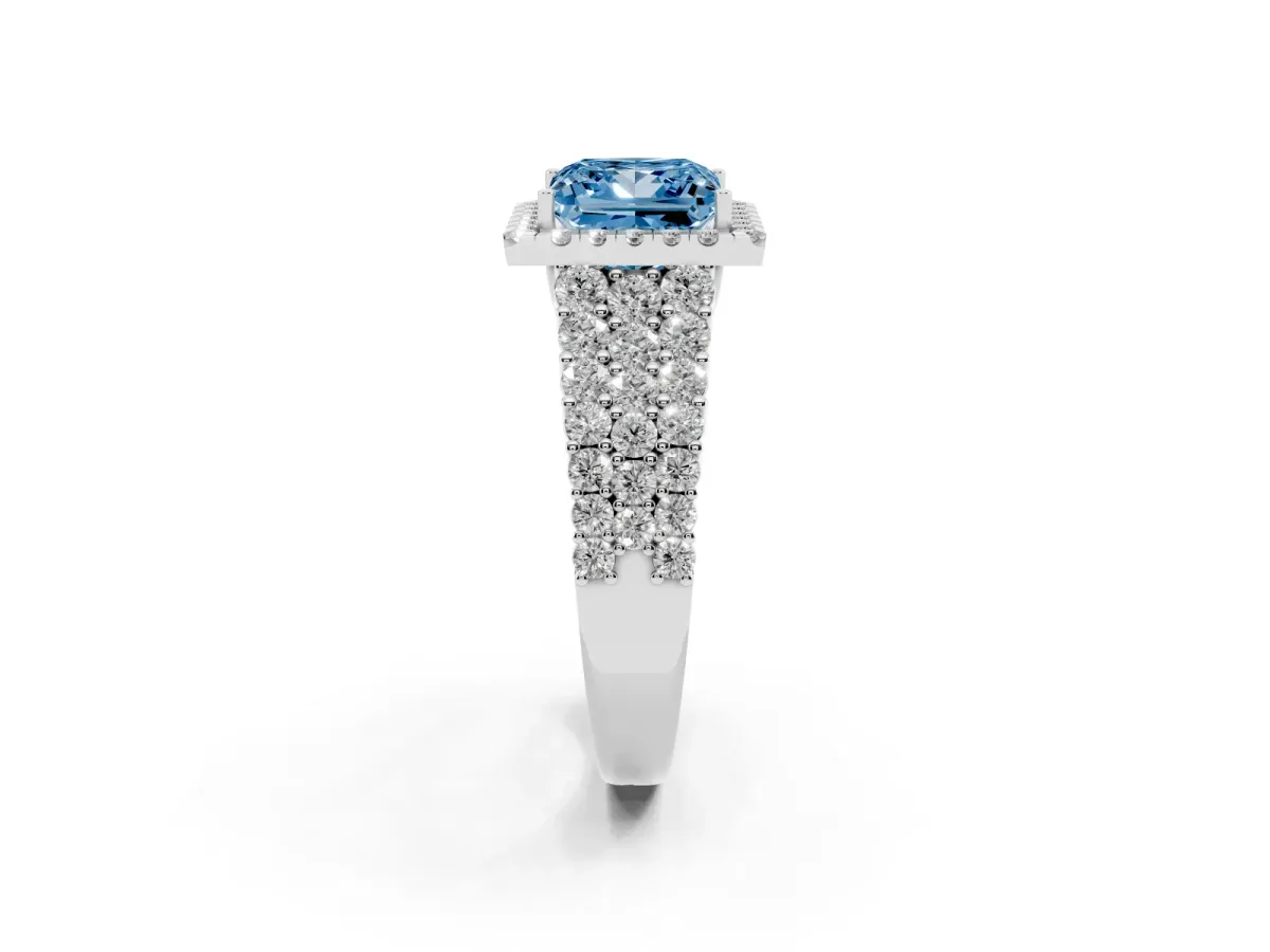 Fancy Blue Princess Cut Diamond Halo Engagement Ring with Triple Row Round Pavé Band and Prong Setting Silver