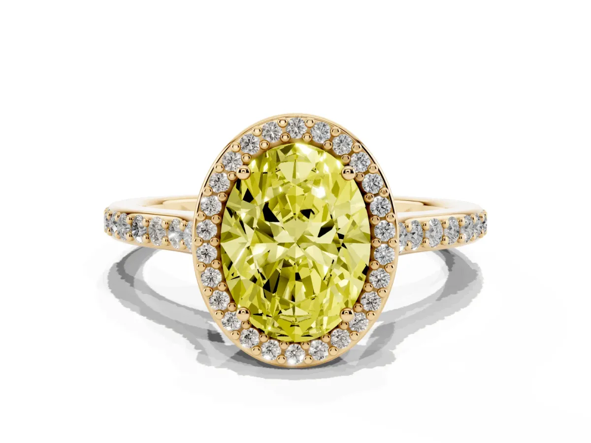 Fancy Yellow Oval Cut Diamond Halo Engagement Ring with Round Pavé Shoulders and Prong Setting Yellow gold