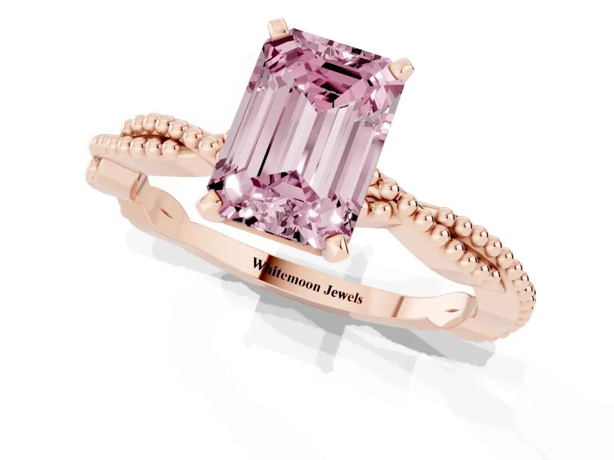Fancy Pink Emerald Cut Solitaire Twisted Band with Bead Prong Setting Rose gold