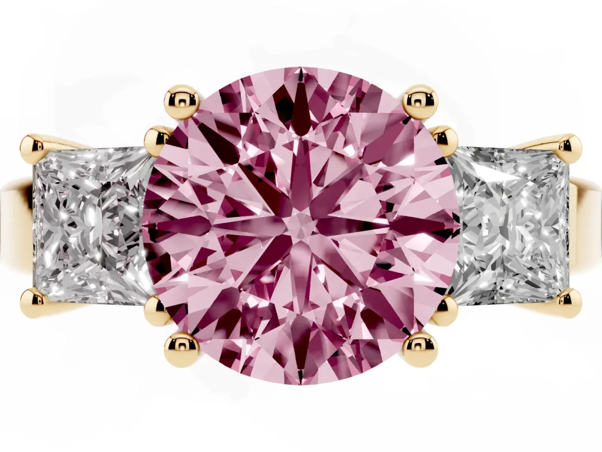 Fancy Pink Three-Stone Round Cut Cut Solitaire Ring with Prong Setting Yellow gold