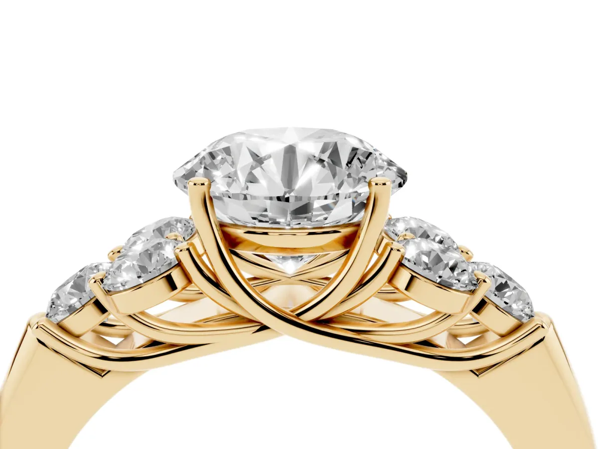 Round Cut Cut Diamond Cluster Ring with Round Accent Stones and Prong Setting on a Classic Band Yellow gold