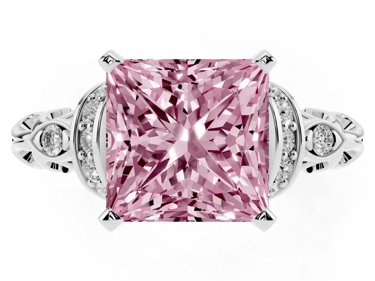 Fancy Pink Princess Cut Diamond Solitaire Ring with Filigree Band and Four-Prong Setting Silver