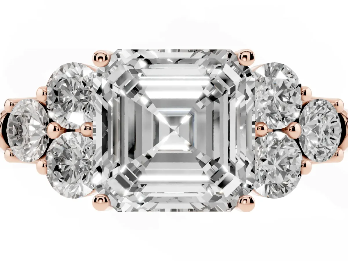 Asscher Cut Cut Diamond Cluster Ring with Round Accent Stones and Prong Setting on a Classic Band Rose gold