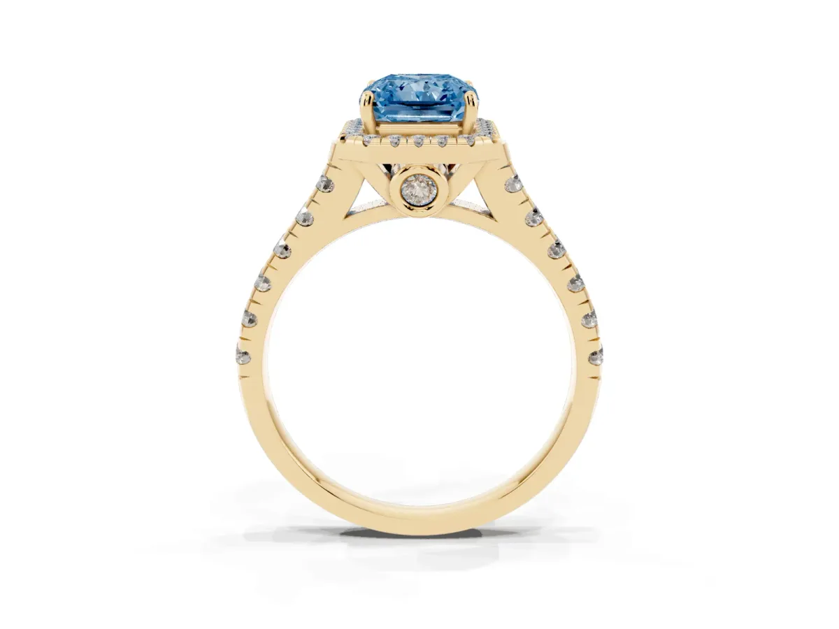 Fancy Blue Radiant Cut Halo Pavé Diamond Engagement Ring with Four-Prong Setting Yellow gold
