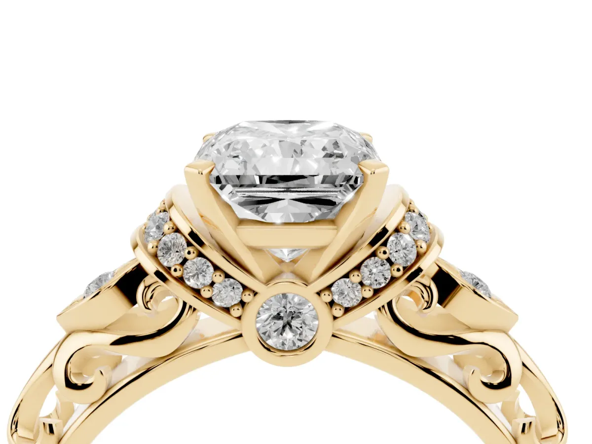 Radiant Cut Diamond Solitaire Ring with Filigree Band and Four-Prong Setting Yellow gold