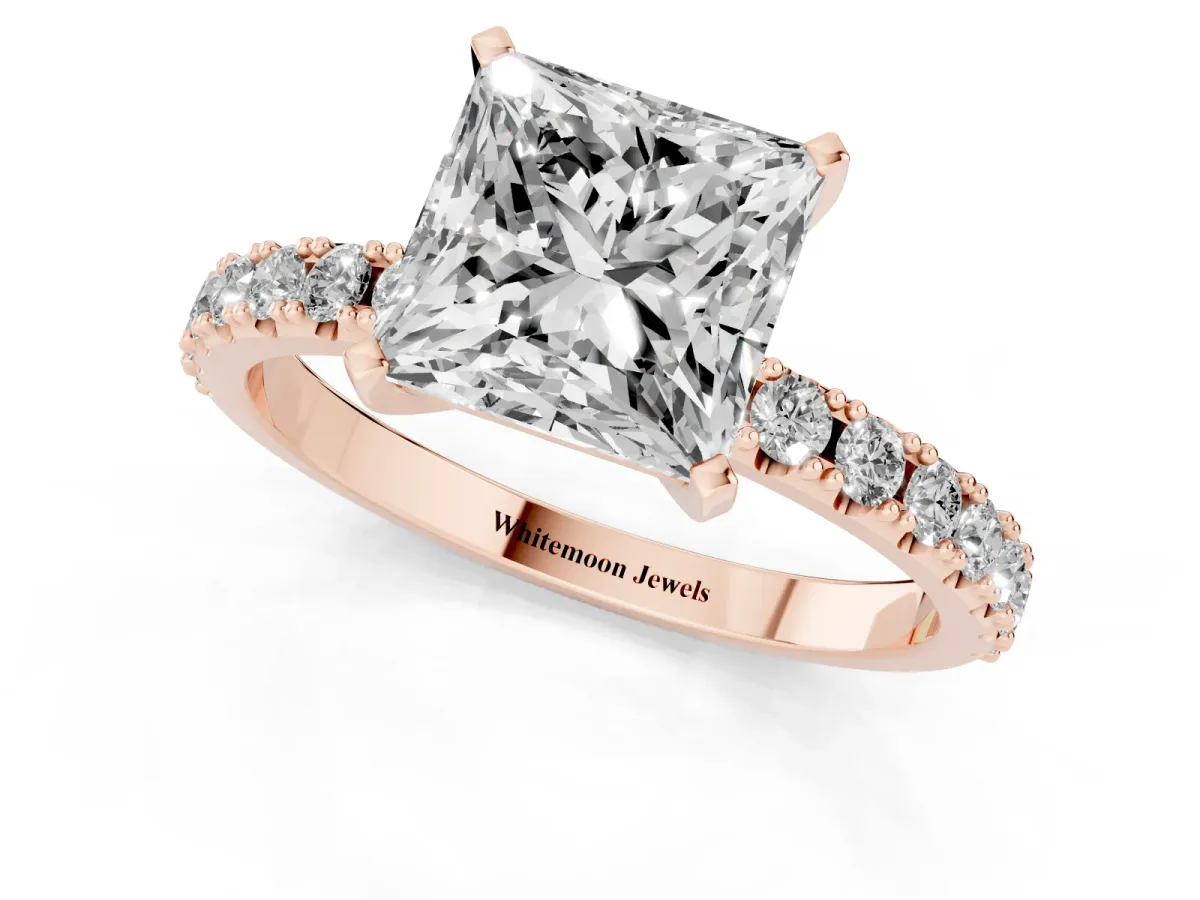 Princess Cut Diamond Solitaire Pavé Band with Four-Prong Setting Rose gold