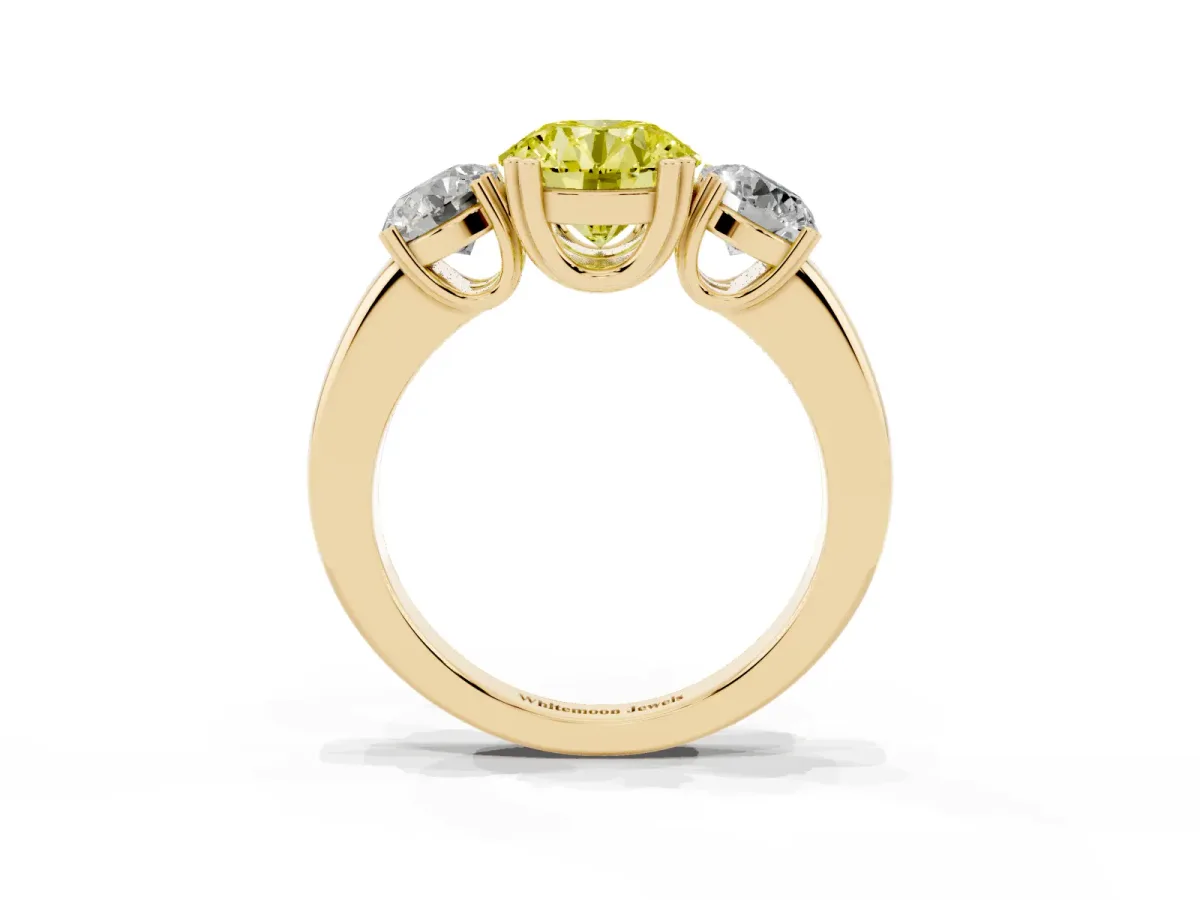 Fancy Yellow Three-Stone Round Cut Cut Diamond Ring with Channel Set Band and Four-Prong Setting Yellow gold