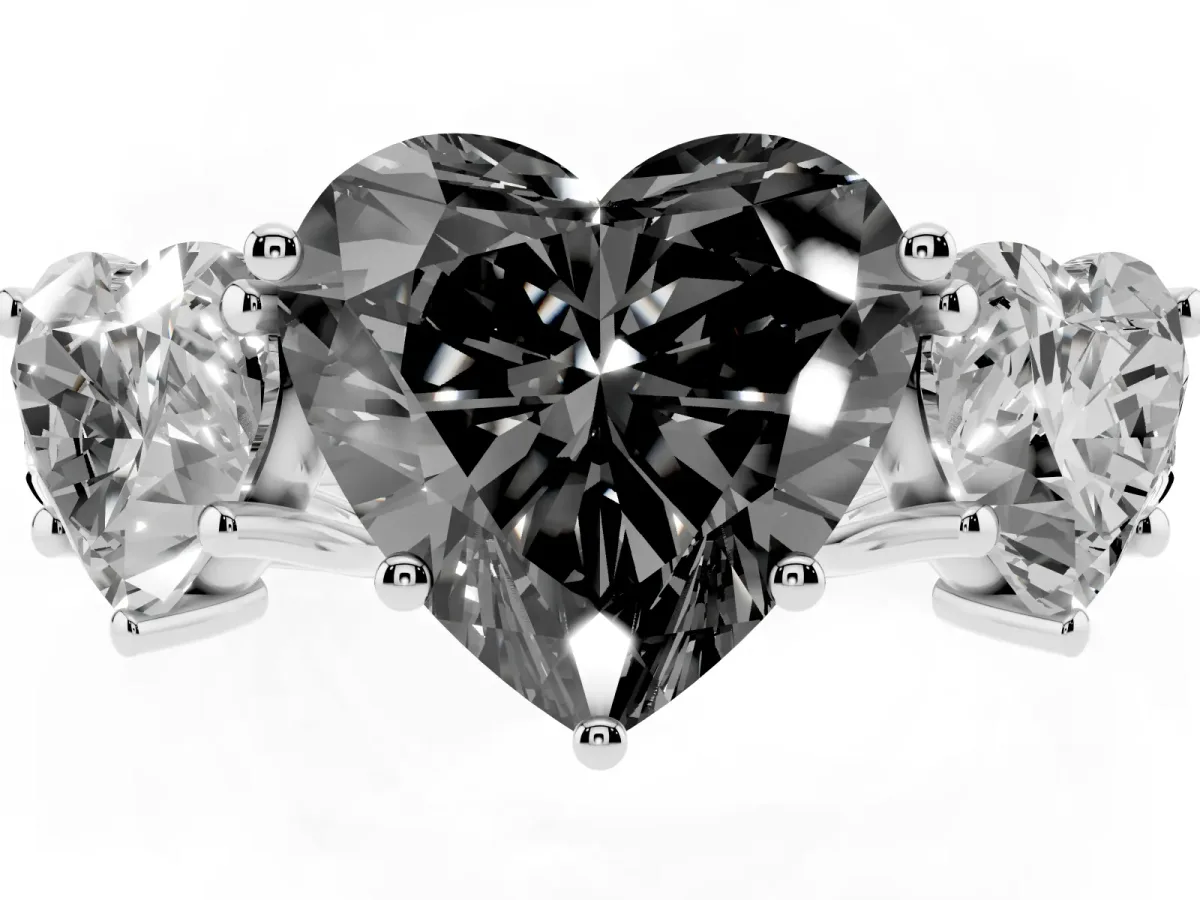 Fancy Black Three-Stone Heart Cut Diamond Pavé Band with Prong Setting Silver