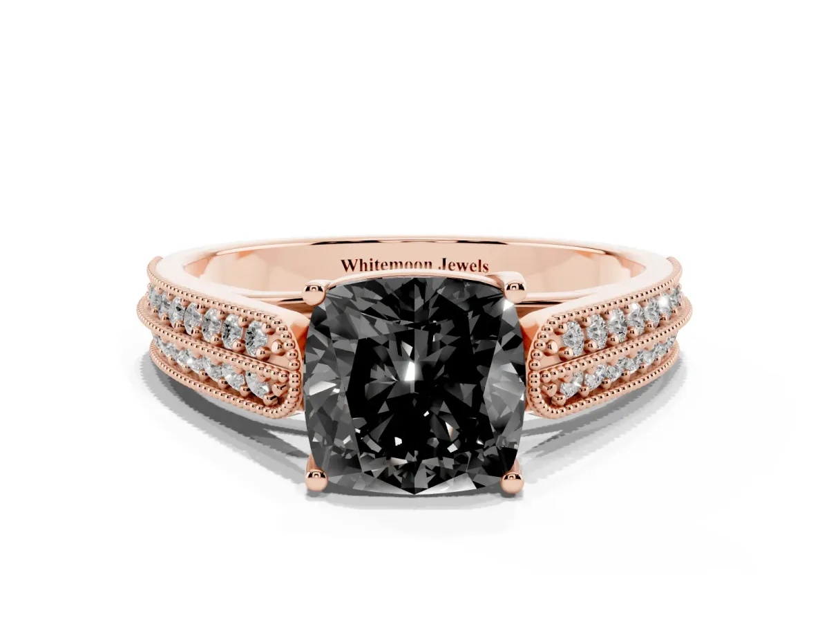 Fancy Black Cushion Cut Cut Pave Split Shank Engagement Ring with Four-Prong Setting Rose gold