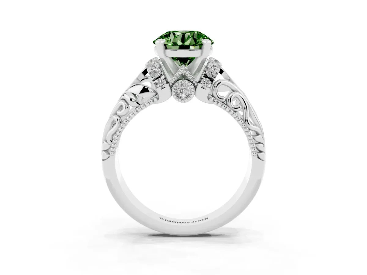 Fancy Green Round Cut Solitaire Filigree Engagement Ring with Halo and Prong Setting Silver