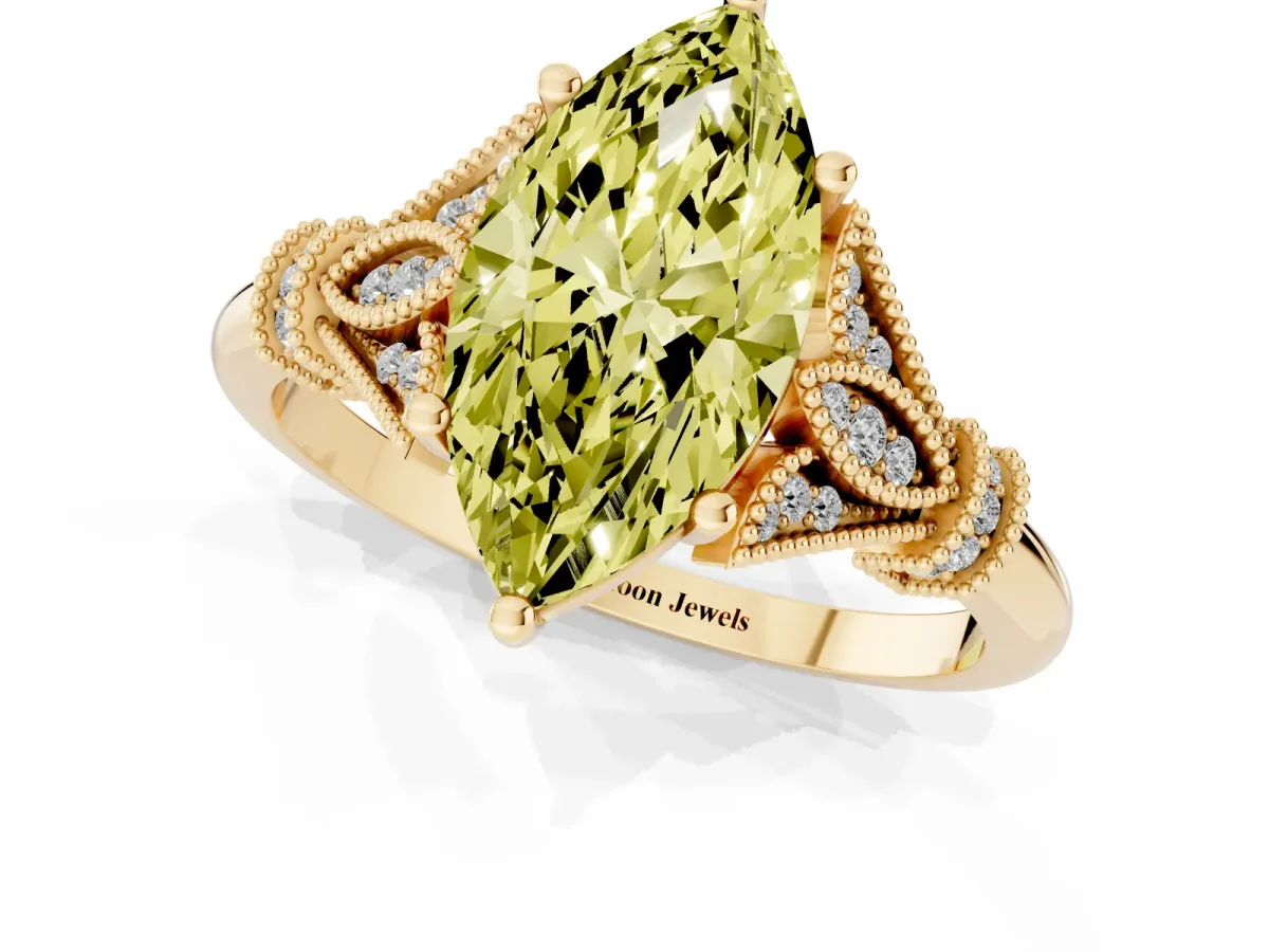 Fancy Yellow Marquise Cut Diamond Solitaire Ring with Floral Filigree and Pave Accents Yellow gold