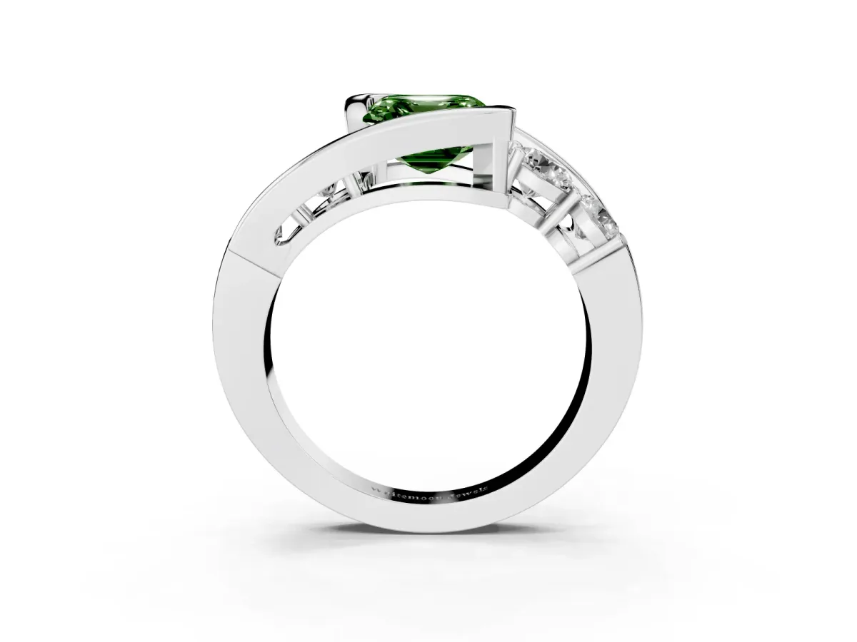 Fancy Green Bezel Set Asscher Cut Diamond Bypass Ring with Round Accents Silver